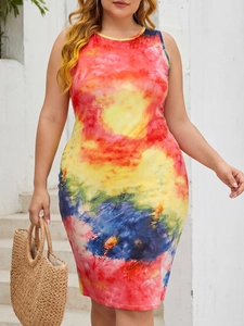 Plus size colorful tie-dye sleeveless midi dress with a crew neck for summer vacation