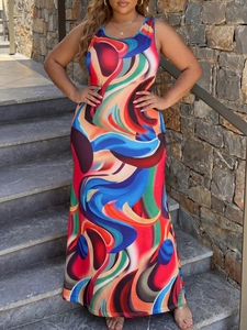 Detail of vibrant abstract print and sleeveless cut on this summer maxi dress