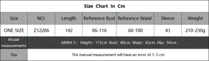 Detailed size chart for the crochet beach cover-up dress including measurements and model specs