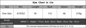 Tableau des tailles pour robe de plage avec longueur 95cm, buste 112cm et manche 46cm