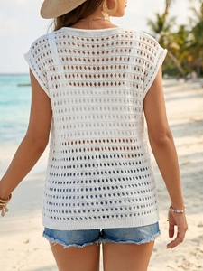 White knit hollow out beach cover up with geometric patterns for summer vacations