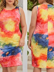 Plus Size Women's Sleeveless Tie Dye Bodycon Midi Dress Casual Round Neck Slim Fit Summer Holiday Beach Party Pencil Dress