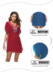 Λεπτομερής προβολή του boho φορέματος παραλίας με πολύχρωμα κρόσσια στο στρίφωμα και τη μανσέτα