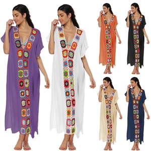 Copricostume da Spiaggia da Donna Bohemian Scollo a V Profondo Patchwork di Fiori all'Uncinetto Abito Kaftan Lungo e Morbido
