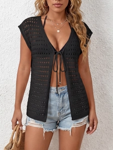 Women's black hollow crochet knit cardigan vest with tie-front for beach sun protection