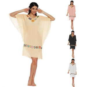 Haut de Maillot de Bain Bohème pour Femmes Crochet Fleur Patchwork Col en V Manches Chauve-souris Robe de Plage Midi