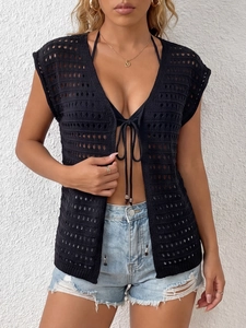 Women's black crochet knit cover-up vest with sexy hollow design and lace-up front