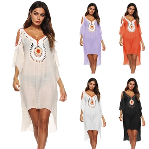 Women Bohemian Crochet Beach Cover Up V Neck Cold Shoulder High Low Hem Loose Swimsuit Bikini Coverups Vacation Dress