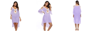 Detail of light purple beach cover-up featuring v-neck and colorful crochet trim