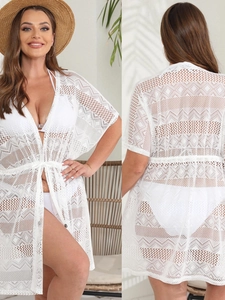 Women Plus Size Sexy Sheer Lace Crochet Beach Cover Up V Neck Drawstring Waist Hollow Out Summer Vacation Swimwear Kimono