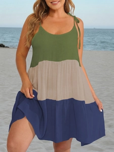Plus size color block tiered maxi dress for women in green beige and navy blue for beach