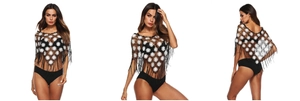 Detail view of crochet beach cover-up with black mesh and white daisy flower patterns
