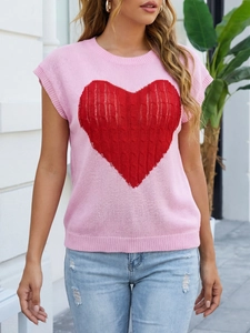 Women's pink knit short sleeve top with a red heart pattern and casual crew neck