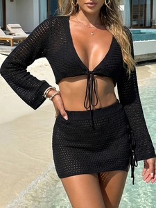 Sexy black crochet long sleeve beach set with deep V-neck crop top and mini skirt