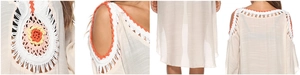 Detail of bohemian crochet knit beach cover-up with mandala pattern and tassel fringe