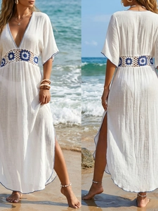 Women Bohemian Beach Cover Up Dress Crochet Floral Patchwork Deep V Neck High Split Maxi Dress Sexy Swimsuit Coverup