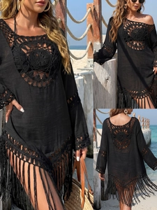 Robe de Plage au Crochet pour Femme Avec Longues Franges Ajourée Cache-Maillot de Bain Bikini Vacances d'Été Robe Noire