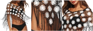 Detail of black crochet bikini cover-up with white daisy flower patches and long fringe