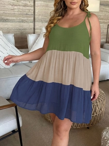 Plus size sleeveless color block patchwork maxi dress with olive, beige and navy tiers