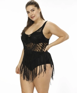 Cache-maillot de bain crochet grande taille noir avec motif ajouré et longues franges