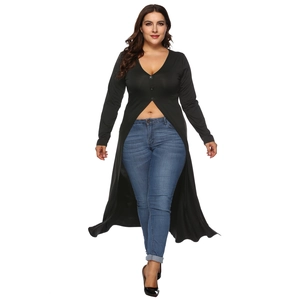 Detail of black V-neck long cardigan dress with button accents and front split hemline