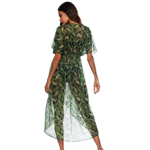 Green tropical leaf print long beach cover-up with stylish high-low hem for women