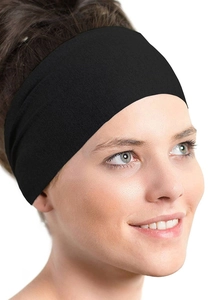 Close-up of black elastic sports headband showing breathable fabric texture and fit