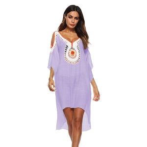 Lavender crochet beach cover-up dress with hollow out knit details and off-shoulder cut