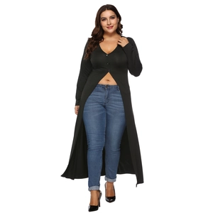 Women's black V-neck long sleeve button dress with high slit and irregular hem design