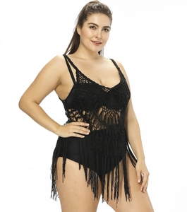 Cache-maillot de bain sexy en crochet noir évidé avec détails de franges bohèmes