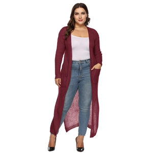 Cardigan lungo in maglia bordeaux da donna con maniche lunghe e grandi tasche stile casual