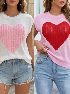 Women's Heart Pattern Cable Knit Short Sleeve Sweater Top Casual Loose Round Neck Knitwear For Valentine's Day