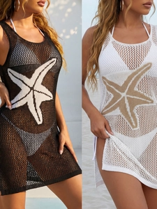 Cache-Maillot de Plage au Crochet pour Femme Sans Manches Col Rond Motif Étoile de Mer Fente Latérale Haute Vacances