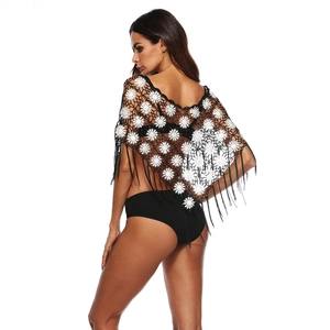 Sexy hollow crochet tassel shawl with daisy floral patchwork for beach sun protection