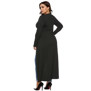 Fashionable black long sleeve V-neck maxi top with buttons and asymmetric hem