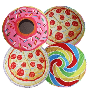 Creative Round Food Print Beach Towel Polyester Sunscreen Shawl Pizza Donut Lollipop Pattern Travel Picnic Blanket For Women