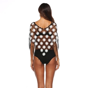 Handmade crochet fringe shawl with white daisy floral accents and black tassels
