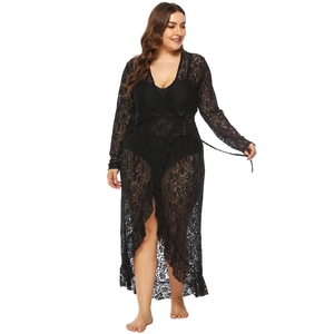 Elegant black floral lace long sleeve beach cover-up with tie waist and open front design