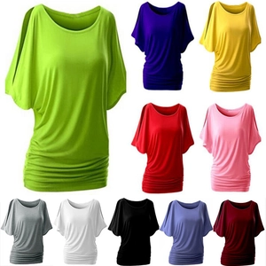 Women's slim fit crew neck T-shirt with split batwing sleeves and side ruched detailing