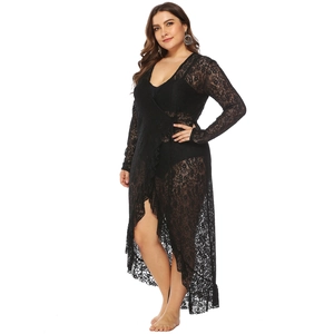 Black lace long sleeve beach cover-up with irregular hem and wrap tie design