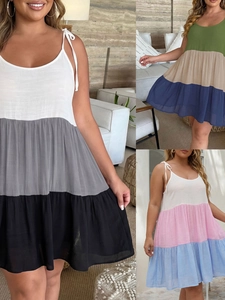 Plus Size Women Casual Sleeveless Tiered Midi Dress Color Block Patchwork Sun Dress Summer Beach Vacation Sundrop Outfit