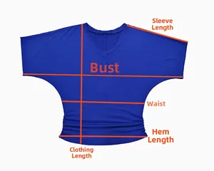Detailed size chart for V-neck short sleeve top showing bust and waist measurements
