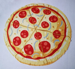 Creative round pizza printed beach towel with realistic pepperoni and cheese pattern