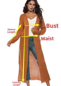 Size guide for caramel long knit cardigan showing bust, waist, sleeve, and body length