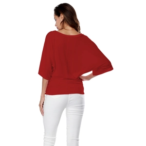 Detail view of red V-neck batwing short sleeve T-shirt with back cut-out loose fit