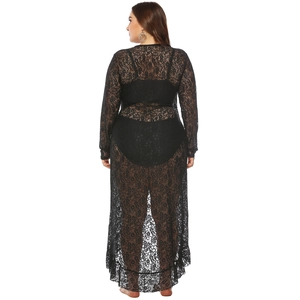 Plus size black floral lace long sleeve beach cover-up dress with hollow pattern