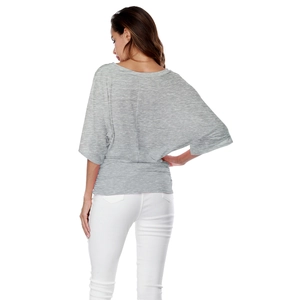 Detail view of the heather gray short-sleeve top's back with dolman sleeve cut