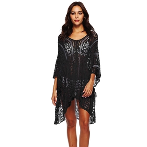 Detailed view of black hollow crochet beach cover-up featuring geometric pattern