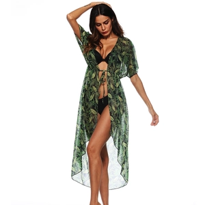 Women's tropical green leaf print beach cover-up with front tie and sheer fabric