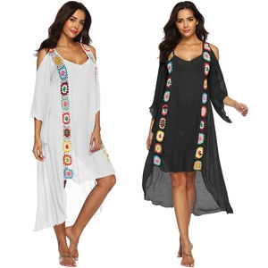 Bohemian Crochet Floral Cold Shoulder Beach Cover Up Dress For Women Hi-Low Hem Hollow Out Summer Vacation Swimsuit Coverup
